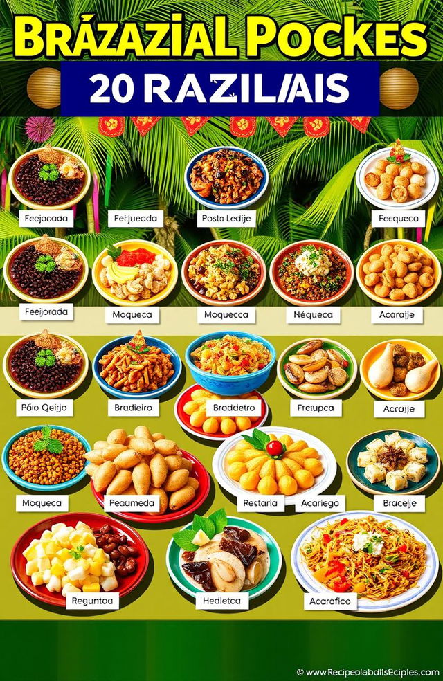 A visually appealing collage of 20 traditional Brazilian dishes, beautifully presented on a vibrant table