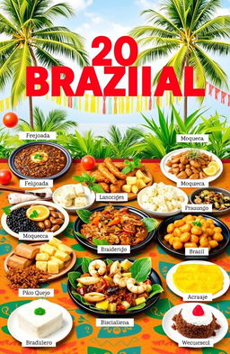 A visually appealing collage of 20 traditional Brazilian dishes, beautifully presented on a vibrant table