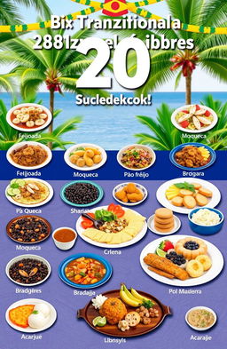 A visually appealing collage of 20 traditional Brazilian dishes, beautifully presented on a vibrant table