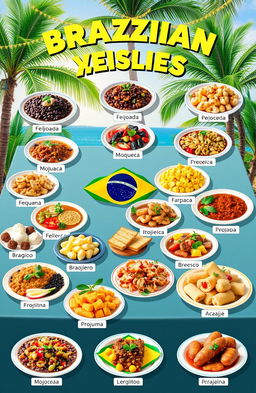 A visually appealing collage of 20 traditional Brazilian dishes, beautifully presented on a vibrant table