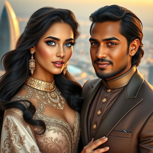 A romantic and enchanting portrait of 'Galyah', the princess of Lusail, alongside her husband, Prince Jude Bellingham