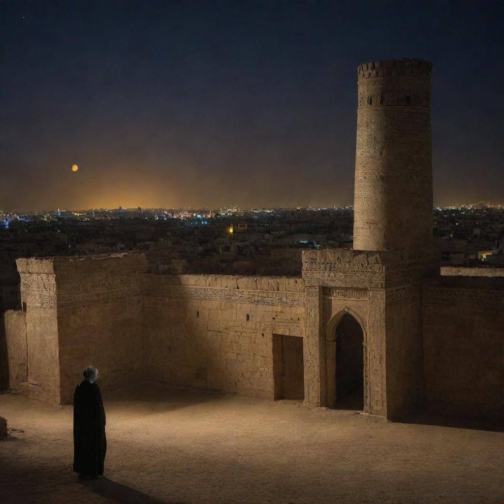 Nightfall in ancient Babylon: except for the solitary, luminous figure of Prophet Ibrahim, the locals have retreated, leaving the grand cityscape eerily empty. A poignant depiction of spiritual solitude amidst architectural magnificence.