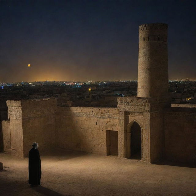 Nightfall in ancient Babylon: except for the solitary, luminous figure of Prophet Ibrahim, the locals have retreated, leaving the grand cityscape eerily empty. A poignant depiction of spiritual solitude amidst architectural magnificence.