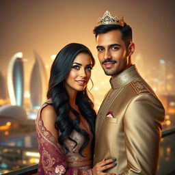 A romantic and enchanting portrait of 'Galyah', the princess of Lusail, alongside her husband, Prince Jude Bellingham