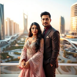 An enchanting portrait of 'Galyah', the princess of Lusail, standing gracefully with her husband, Prince Zayn Malik, in a stunning modern backdrop that showcases the vibrant city of Doha, Qatar