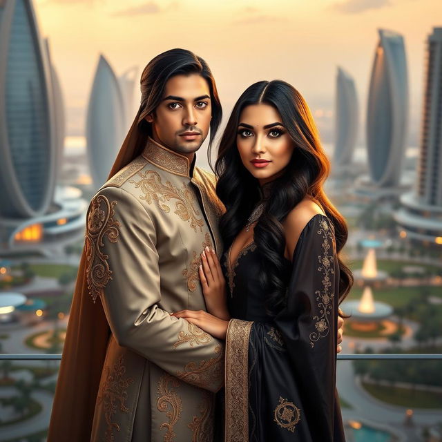 An enchanting portrait of 'Galyah', the princess of Lusail, standing gracefully with her husband, Prince Zayn Malik, in a stunning modern backdrop that showcases the vibrant city of Doha, Qatar