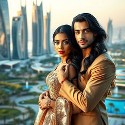 An enchanting portrait of 'Galyah', the princess of Lusail, standing gracefully with her husband, Prince Zayn Malik, in a stunning modern backdrop that showcases the vibrant city of Doha, Qatar