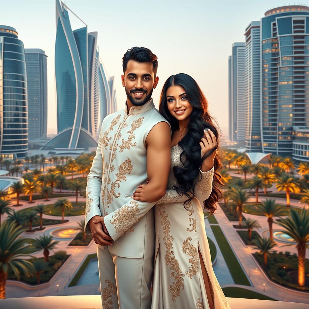 An enchanting portrait of 'Galyah', the princess of Lusail, standing gracefully with her husband, Prince Zayn Malik, in a stunning modern backdrop that showcases the vibrant city of Doha, Qatar