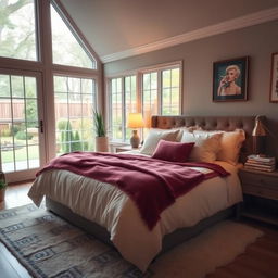 A cozy and inviting bedroom featuring a large, plush bed with soft, fluffy pillows and a warm, colorful blanket