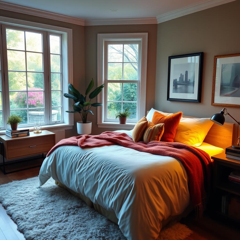 A cozy and inviting bedroom featuring a large, plush bed with soft, fluffy pillows and a warm, colorful blanket