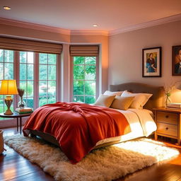 A cozy and inviting bedroom featuring a large, plush bed with soft, fluffy pillows and a warm, colorful blanket