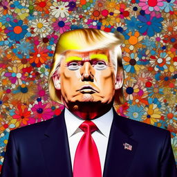 A colorful Murakami-themed print featuring Donald Trump. Capture Trump in a non-political light, surrounded by vibrant, superflat art elements typical of Murakami's style.