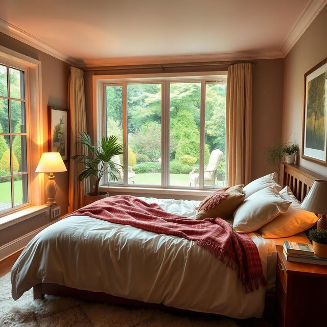 A cozy and inviting bedroom featuring a large, plush bed with soft, fluffy pillows and a warm, colorful blanket