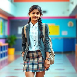 A stylish 16-year-old Indian schoolgirl, showcasing a modern and chic school outfit