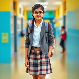 A stylish 16-year-old Indian schoolgirl, showcasing a modern and chic school outfit