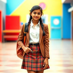 A stylish 16-year-old Indian schoolgirl, showcasing a modern and chic school outfit