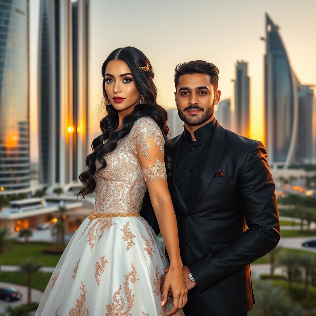 A captivating portrait of 'Galyah', the princess of Lusail, together with her husband, Prince Levi Ackerman, set against the stunning modern skyline of Doha, Qatar