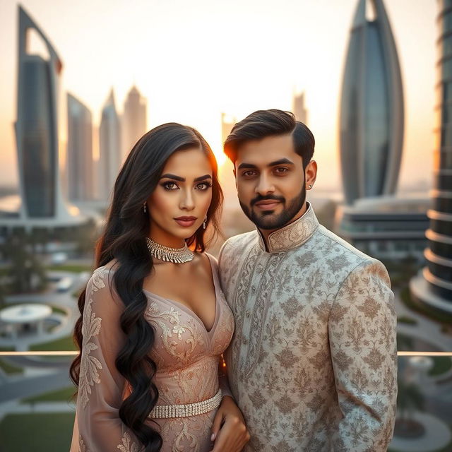 A captivating portrait of 'Galyah', the princess of Lusail, together with her husband, Prince Levi Ackerman, set against the stunning modern skyline of Doha, Qatar