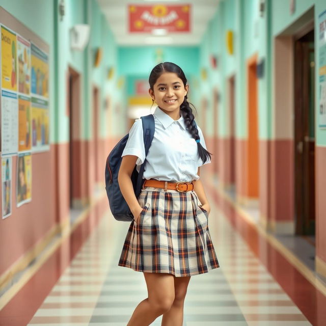 A stylish 16-year-old Indian schoolgirl dressed in a chic school uniform featuring a modern twist, set against a vibrant backdrop of an Indian school corridor