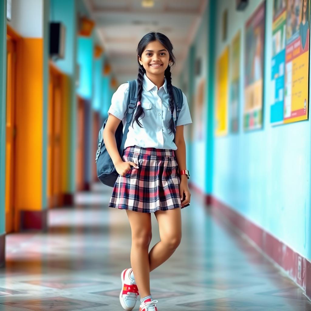 A stylish 16-year-old Indian schoolgirl dressed in a chic school uniform featuring a modern twist, set against a vibrant backdrop of an Indian school corridor