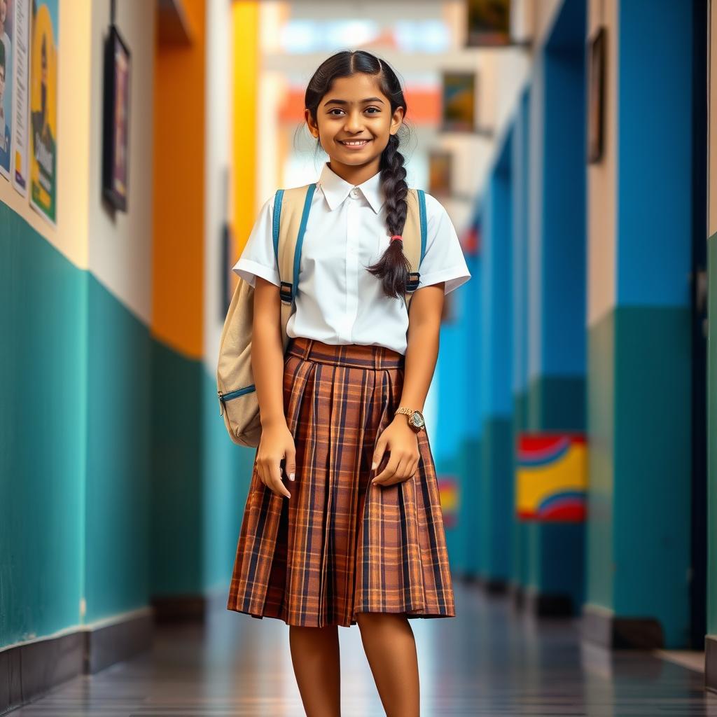 A stylish 16-year-old Indian schoolgirl dressed in a chic school uniform featuring a modern twist, set against a vibrant backdrop of an Indian school corridor