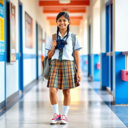 A stylish 16-year-old Indian schoolgirl dressed in a chic school uniform featuring a modern twist, set against a vibrant backdrop of an Indian school corridor
