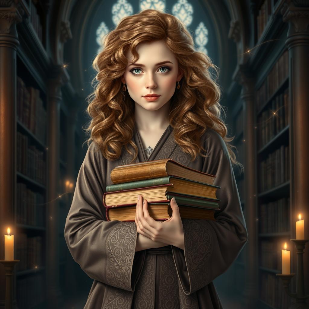 A magical portrait of Hermione Granger from the Harry Potter series, showcasing her in an elegant robe with intricate patterns that shimmer under soft candlelight