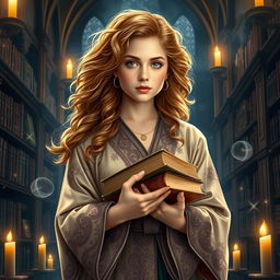 A magical portrait of Hermione Granger from the Harry Potter series, showcasing her in an elegant robe with intricate patterns that shimmer under soft candlelight