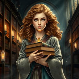 A magical portrait of Hermione Granger from the Harry Potter series, showcasing her in an elegant robe with intricate patterns that shimmer under soft candlelight