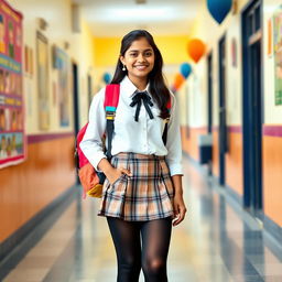 A stylish 16-year-old Indian schoolgirl dressed in a chic school uniform with a modern twist, featuring a plaid skirt and a crisp white blouse