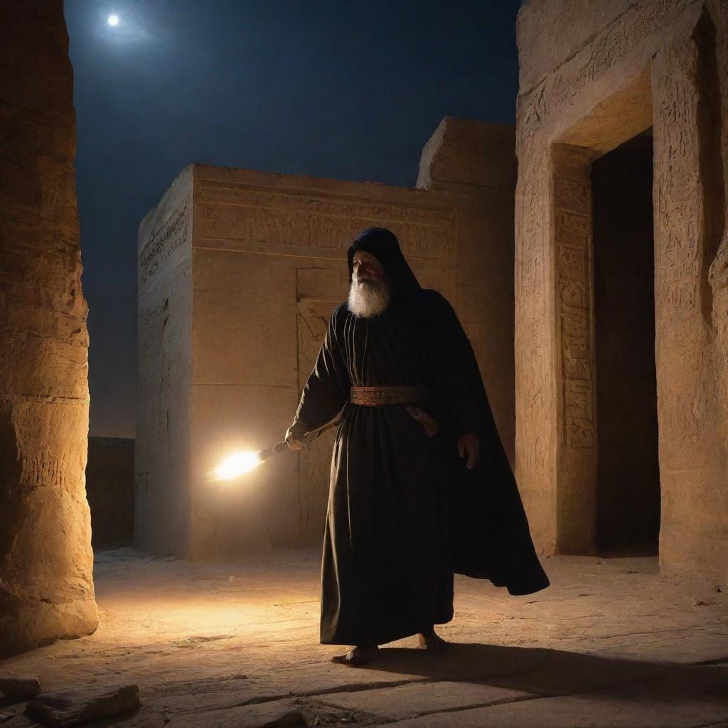 Prophet Ibrahim, in his luminous aura, ventures into a deserted Babylonian temple carrying an axe under the cover of night. His figure standing out against the foreboding grandeur of the deserted temple.