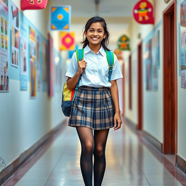 A stylish 16-year-old Indian schoolgirl dressed in a chic school uniform with a modern twist, featuring a plaid skirt and a crisp white blouse