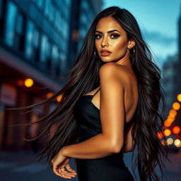 A stunningly attractive woman with long flowing hair, dressed in a stylish and alluring outfit that enhances her curves
