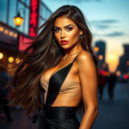 A stunningly attractive woman with long flowing hair, dressed in a stylish and alluring outfit that enhances her curves