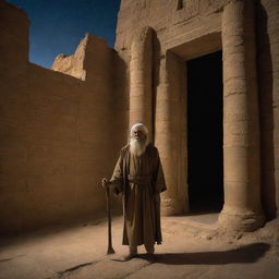 Prophet Ibrahim, in his luminous aura, ventures into a deserted Babylonian temple carrying an axe under the cover of night. His figure standing out against the foreboding grandeur of the deserted temple.