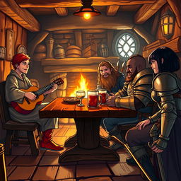 Inside a cozy medieval tavern bustling with atmosphere, featuring four distinct characters sitting at a rustic wooden table