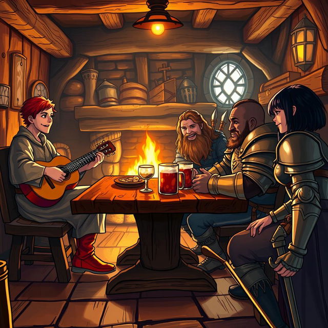 Inside a cozy medieval tavern bustling with atmosphere, featuring four distinct characters sitting at a rustic wooden table
