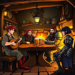 Inside a cozy medieval tavern bustling with atmosphere, featuring four distinct characters sitting at a rustic wooden table