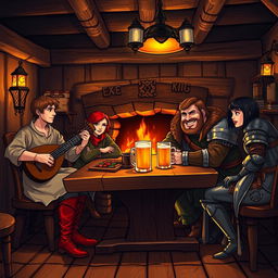 Inside a cozy medieval tavern bustling with atmosphere, featuring four distinct characters sitting at a rustic wooden table
