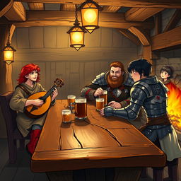 Inside a cozy medieval tavern bustling with atmosphere, featuring four distinct characters sitting at a rustic wooden table