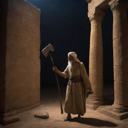 Prophet Ibrahim, in his luminous aura, ventures into a deserted Babylonian temple carrying an axe under the cover of night. His figure standing out against the foreboding grandeur of the deserted temple.