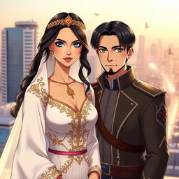 A stunning portrait of 'Galyah', the princess of Lusail, alongside her husband, Prince Levi Ackerman from 'Attack on Titan'