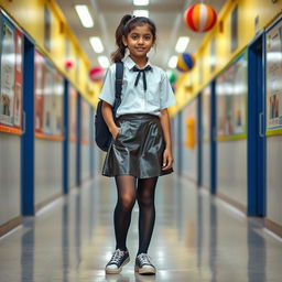 A fashionable 14-year-old Indian schoolgirl showcasing a chic school style, wearing a stylish vinyl skirt paired with a smart white blouse