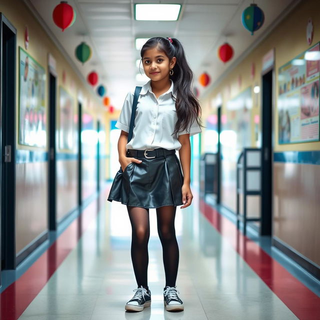 A fashionable 14-year-old Indian schoolgirl showcasing a chic school style, wearing a stylish vinyl skirt paired with a smart white blouse