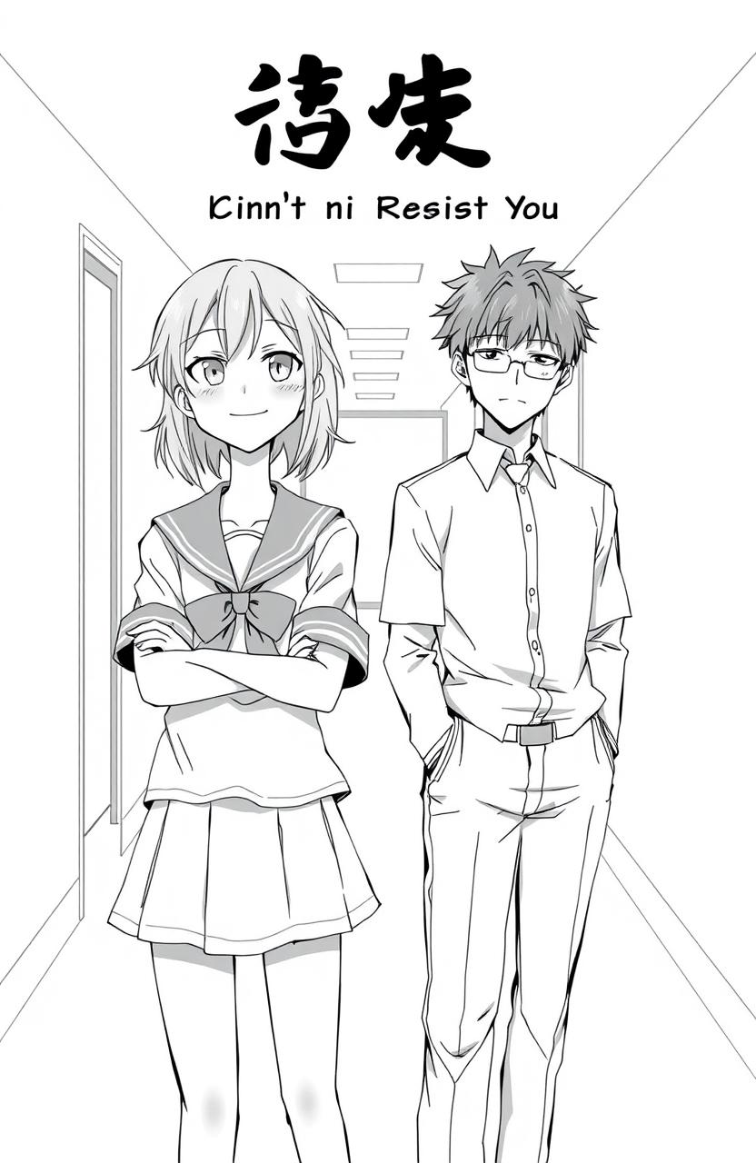 An anime style black-and-white manga cover for a romance featuring a bratty female lead and a cool, aloof male lead