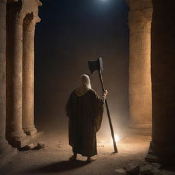 Prophet Ibrahim, in his luminous aura, ventures into a deserted Babylonian temple carrying an axe under the cover of night. His figure standing out against the foreboding grandeur of the deserted temple.