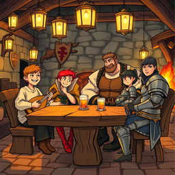 Inside a cozy medieval tavern, warm lights flicker from hanging lanterns