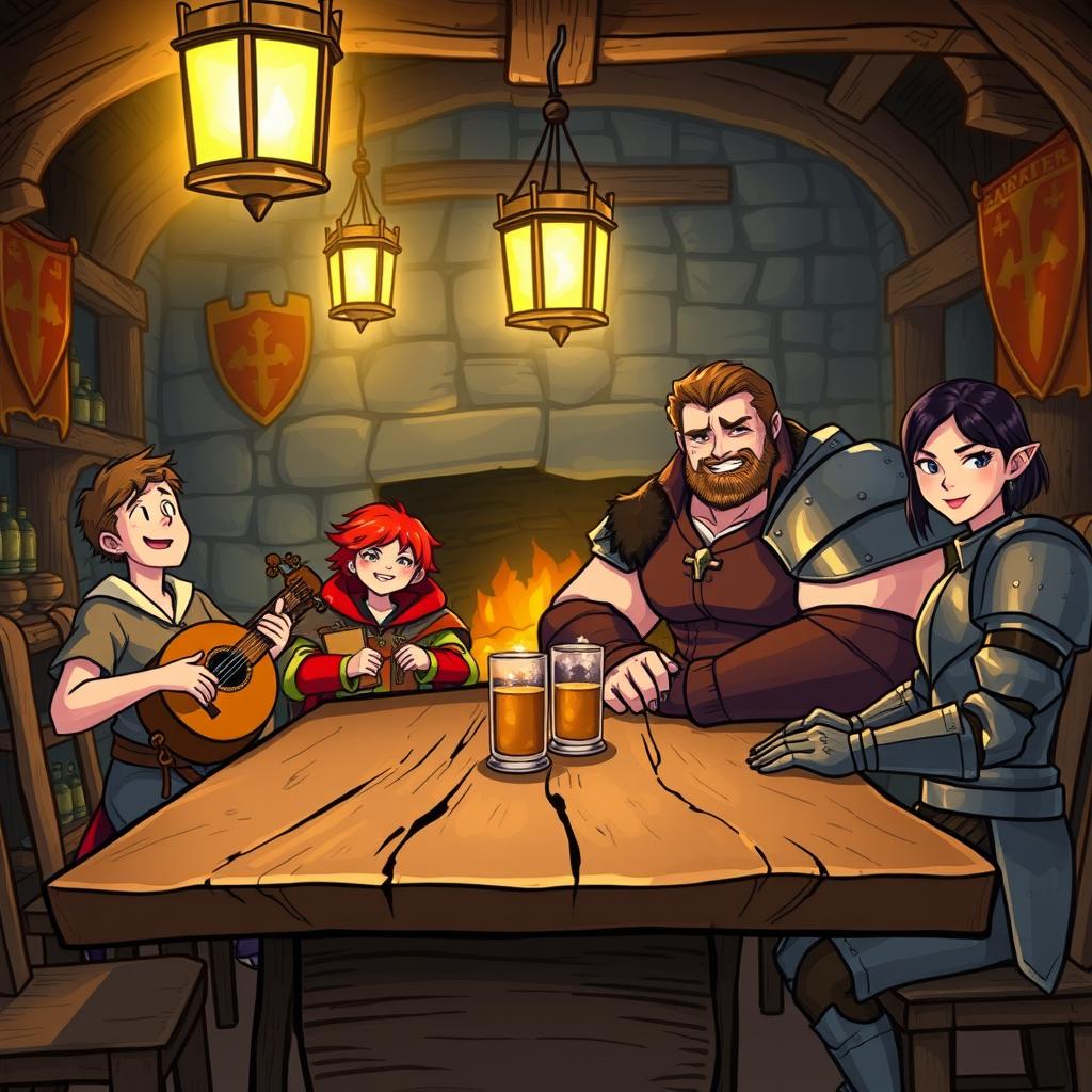 Inside a cozy medieval tavern, warm lights flicker from hanging lanterns