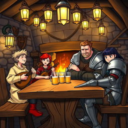 Inside a cozy medieval tavern, warm lights flicker from hanging lanterns