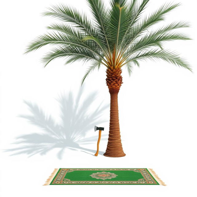 A tranquil image depicting a large palm tree situated in the corner of a pure white background, casting a distinct shadow